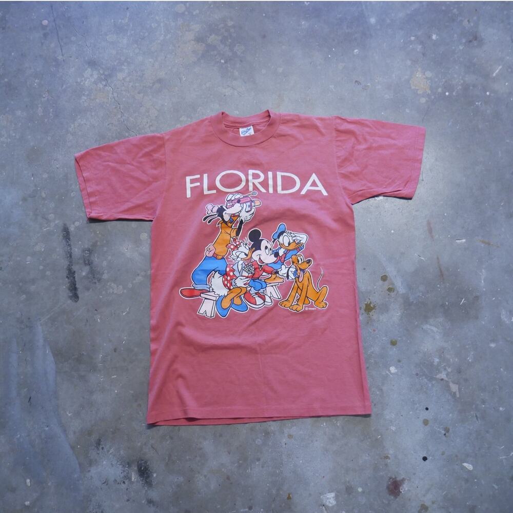 Vintage‎ 90s Velva Sheen Florida Disney Pink Graphic Tee Mens Size S Made In USA
